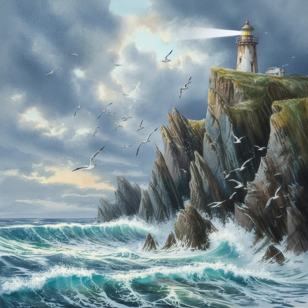 Please paint a watercolor of stormy cliffs and a lighthouse, moody sky.