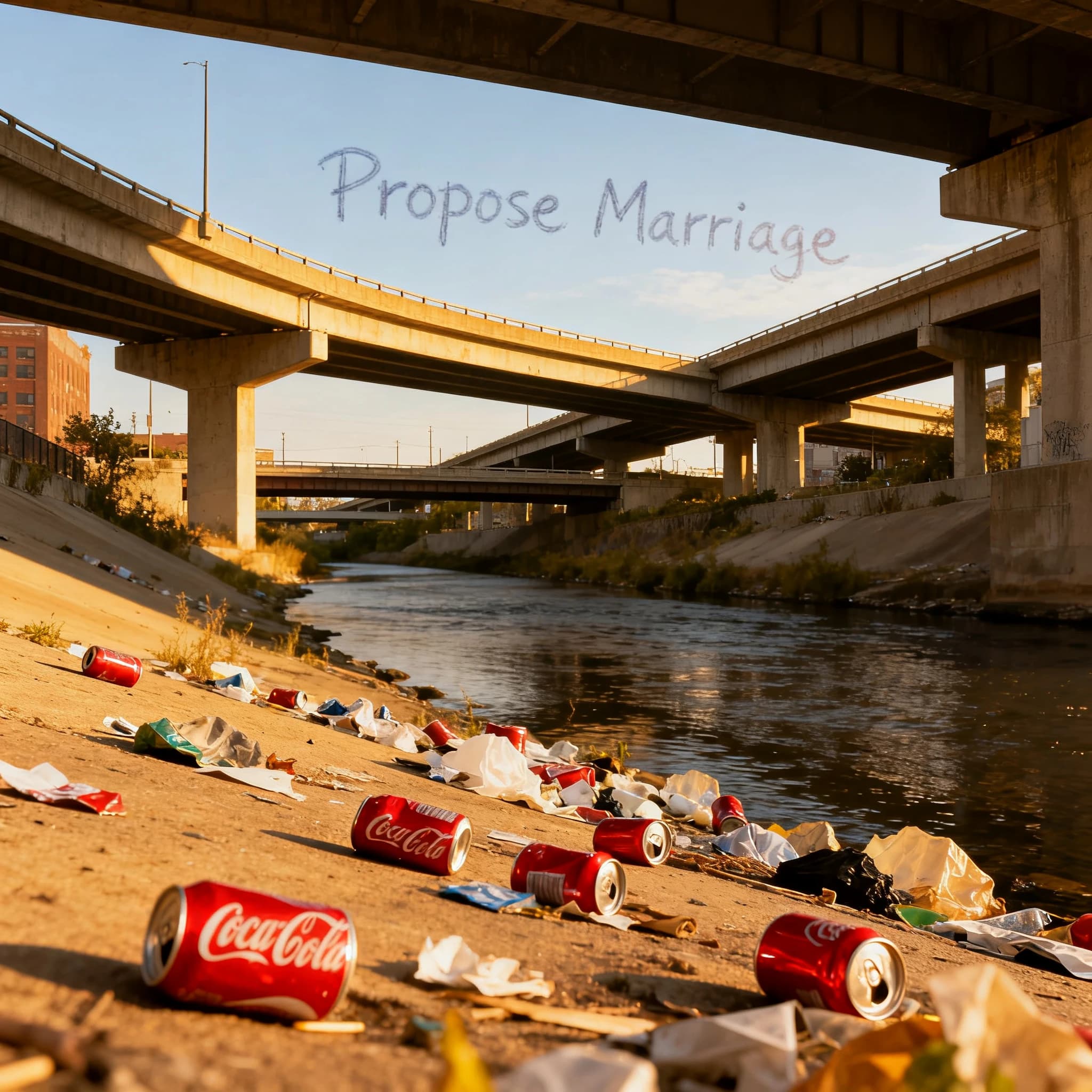 Red soda cans and other garbage sit strewn across the bank of an urban river only a few metres wide. Concrete overpasses criss cross overhead on a bright and sunny day. Fading skywriting proposes marriage