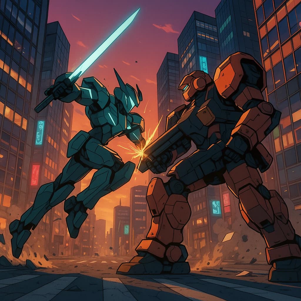Make a cel-shaded mecha duel at dusk downtown.