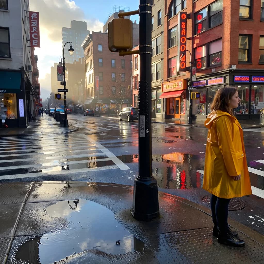 A sunlit city street after rain; puddles mirror neon signs as a woman in a yellow raincoat waits at a crosswalk, soft mist, 50mm look, natural tones, a bit of film grain.