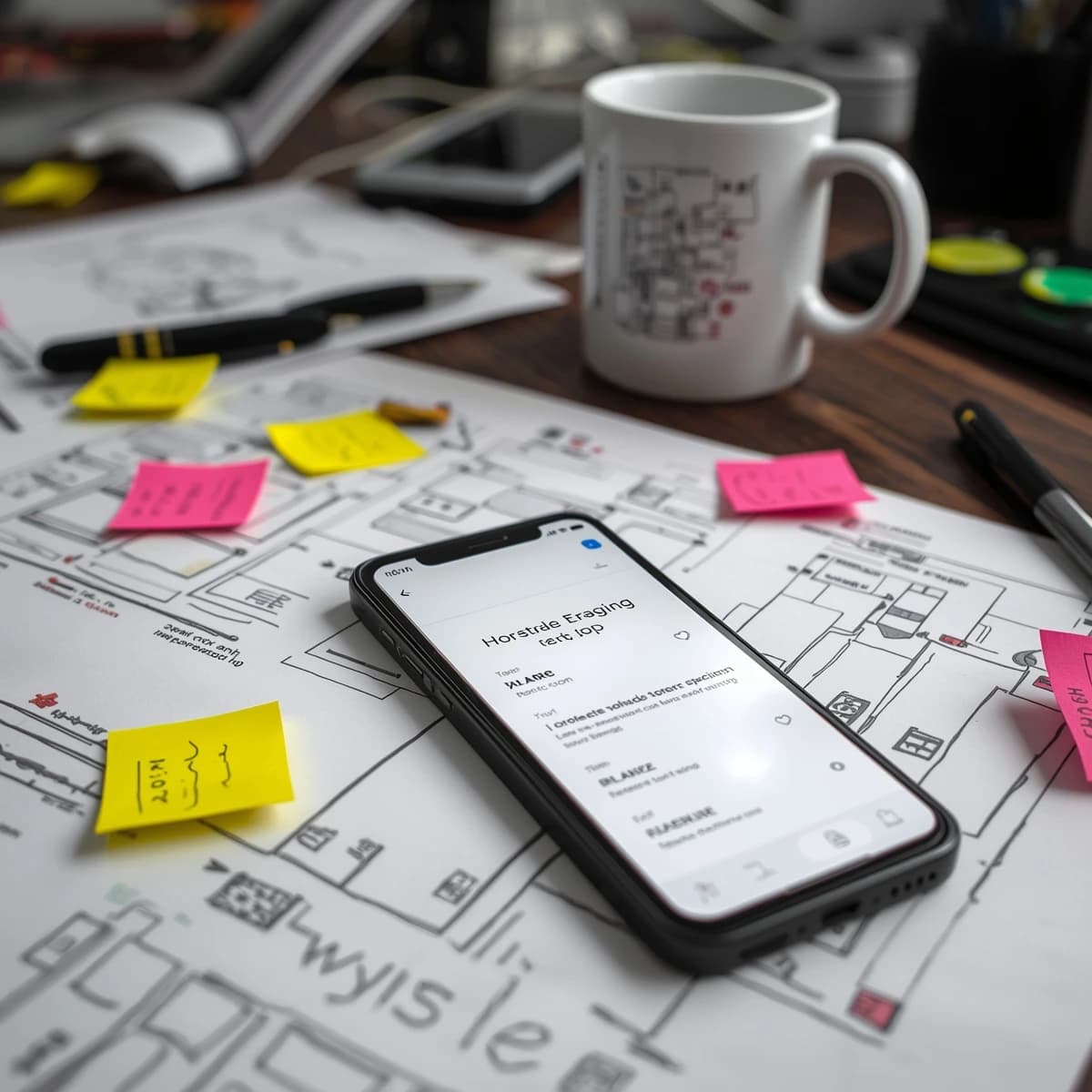 Close-up photo shows a messy desk, wireframes, sticky notes, mobile mockup, mug.