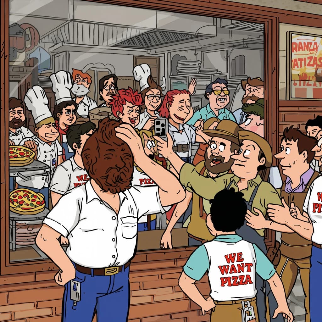 Pasquale is pulling his few remaining hairs out over a disaster at the pizzeria - the cooks are working as fast as they can but the crowds outside are swelling and they demand hot hot pizza! They are banging on the glass and some are wearing "we want pizza" shirts. 1980s western TV animation style.