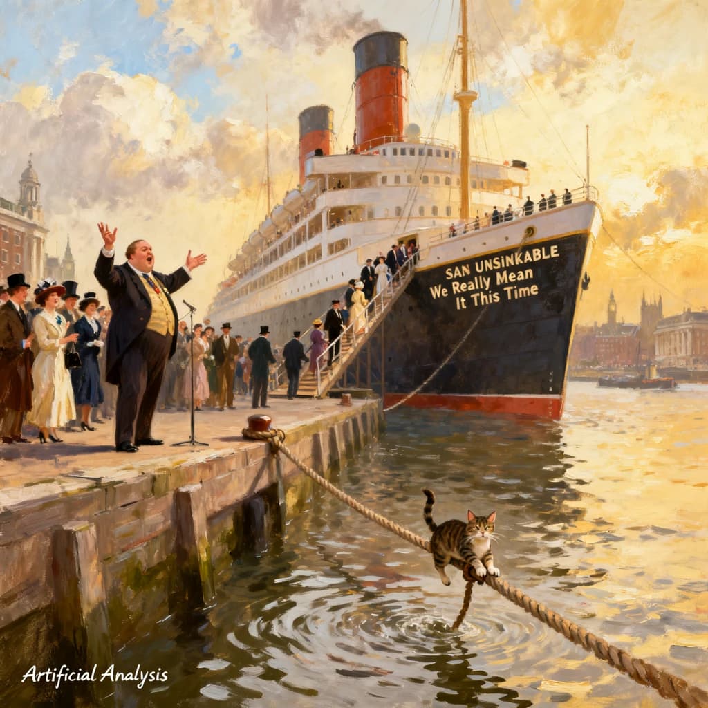 An impressionistic painting of the mighty steamer the "SS Unsinkable We Really Mean It This Time" on a cloudy but bright London morning about to set out on her maiden voyage. A jubilant crowd is gathered on the dock around the paunchy mayor who is making a speech, gesticulating wildly with his hands. The gangways are busy with well heeled ladies and gentlemen making their way onto the ship. A cheeky cat hangs over the water, clinging to the mooring rope after an ill-fated attempt to climb up. The artist has signed his name "Artificial Analysis" in the bottom corner