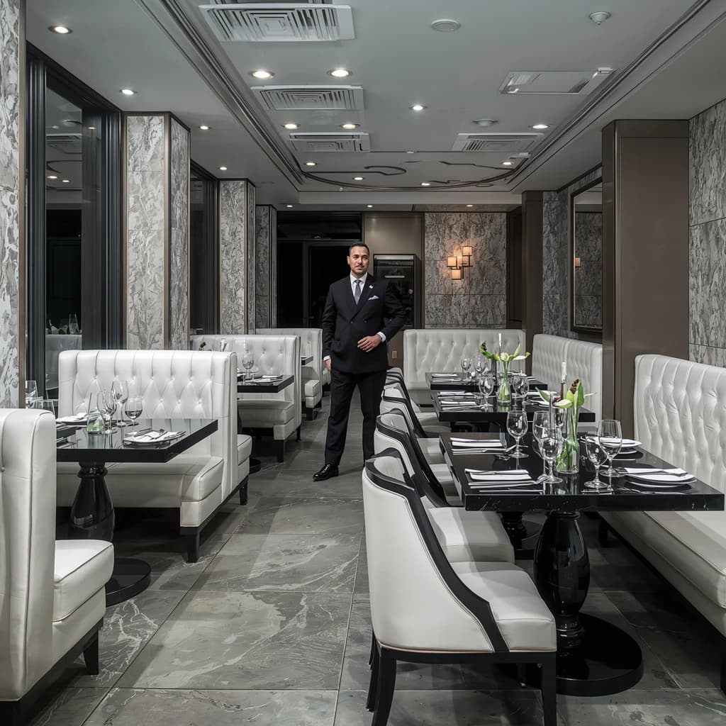 The place is almost empty. The banquettes are covered in white leather, the tables black granite, and the entire room is bathed in halogen track lighting that seems too bright. The maître d’ wears a double-breasted wool crepe jacket. There are lilies on every table.