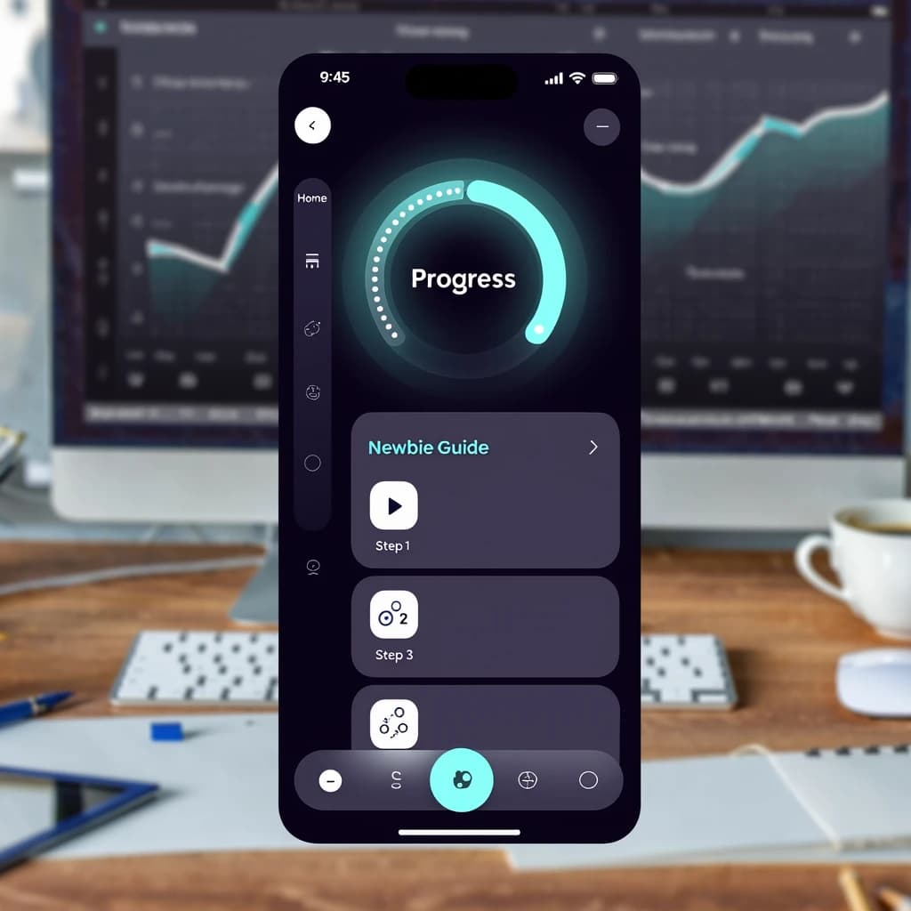Sleek mobile fitness app screens on a desk: dark mode home, progress dashboard, simple onboarding, clear 8 pt grid, slightly oversized buttons for thumb reach, muted colors.