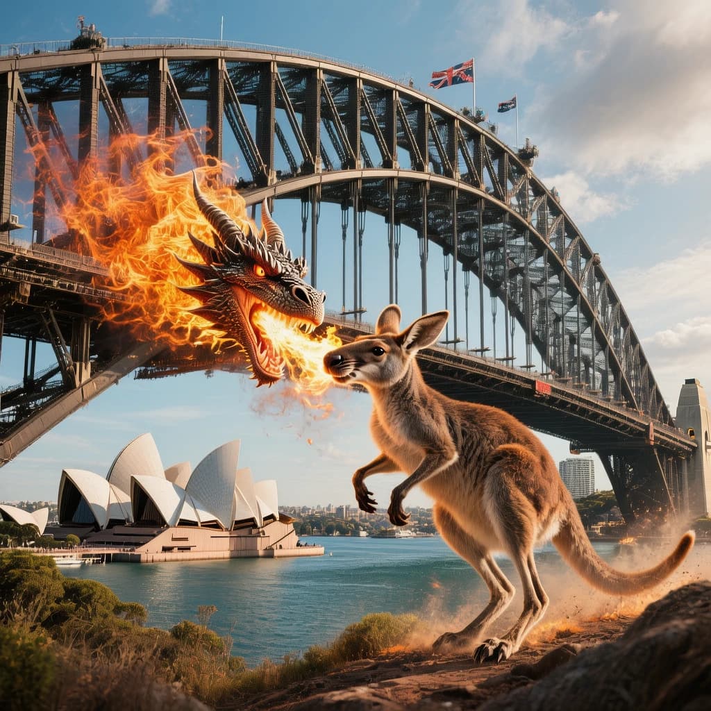 A dragon breathes fire at a kangaroo that is running away by climbing over the top of the Sydney Harbour Bridge. Opera House visible in the background.