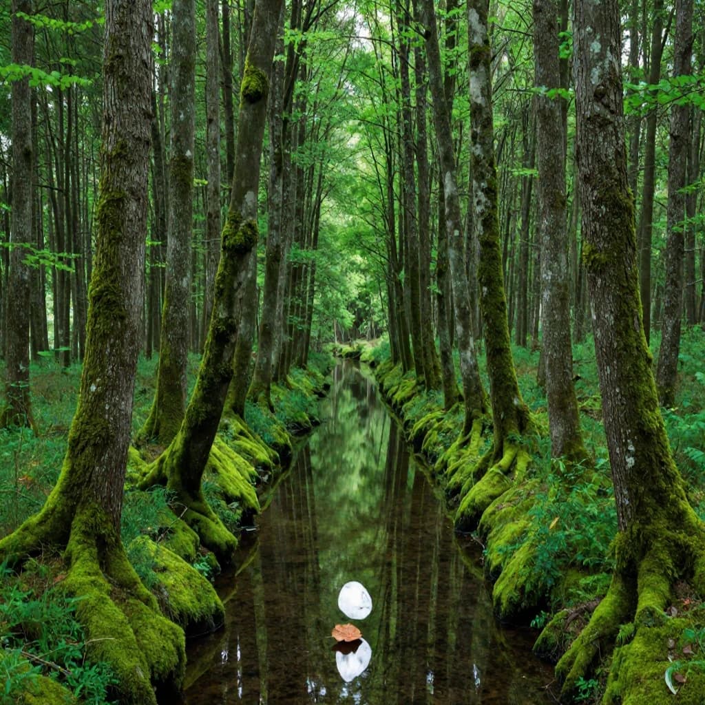 The forest is saturated green, trees identical in height and width, trunks straight, bark texture repeating. One trunk leans diagonally yet the branches remain vertical. The moss is emerald, glistening, though each patch forms identical diamond shapes. A stream runs straight, perfectly linear, water clear, reflecting clouds not visible in the sky. No animals, no insects, but one leaf floats on the water, doubled, showing two overlapping shadows.