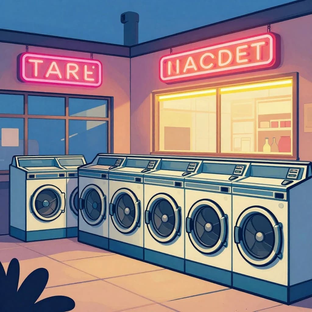 A cozy laundromat at dusk, neon humming, flat colors, bold inked lines.