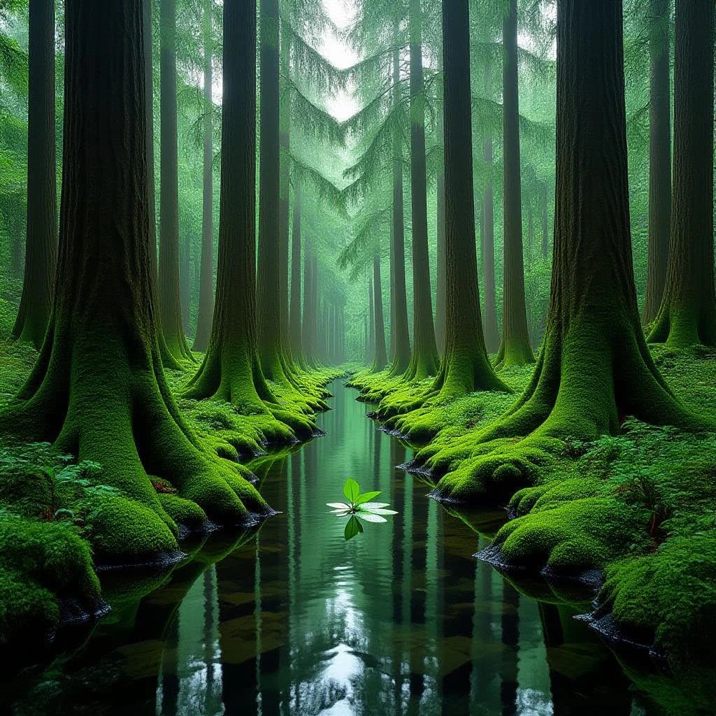 The forest is saturated green, trees identical in height and width, trunks straight, bark texture repeating. One trunk leans diagonally yet the branches remain vertical. The moss is emerald, glistening, though each patch forms identical diamond shapes. A stream runs straight, perfectly linear, water clear, reflecting clouds not visible in the sky. No animals, no insects, but one leaf floats on the water, doubled, showing two overlapping shadows.