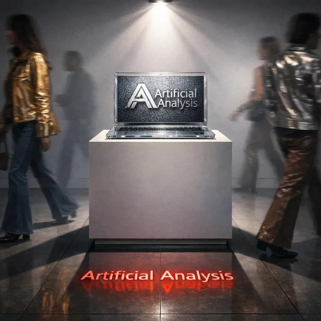 In a spotless gallery space, a pedestal supports a transparent laptop whose screen flickers between static and pristine brand imagery. Shoppers blur past in designer clothes that appear slightly outdated - bell bottoms, metallic jackets. The embossed logo “Artificial Analysis” glints silver, yet its reflection in the glass floor reads in crimson letters. A single spotlight shines, though shadows fall in two directions.