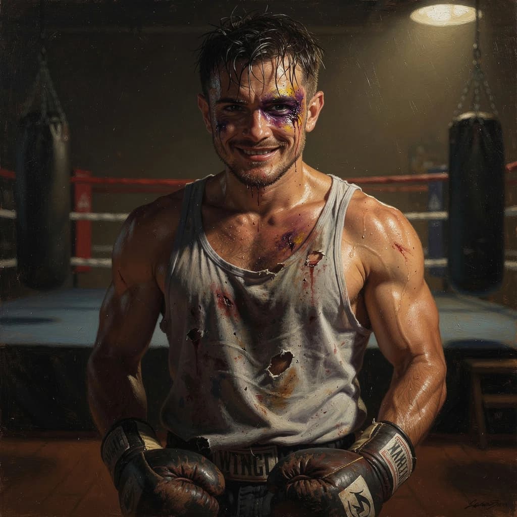 Paint a bruised boxer smiling, serious expression.