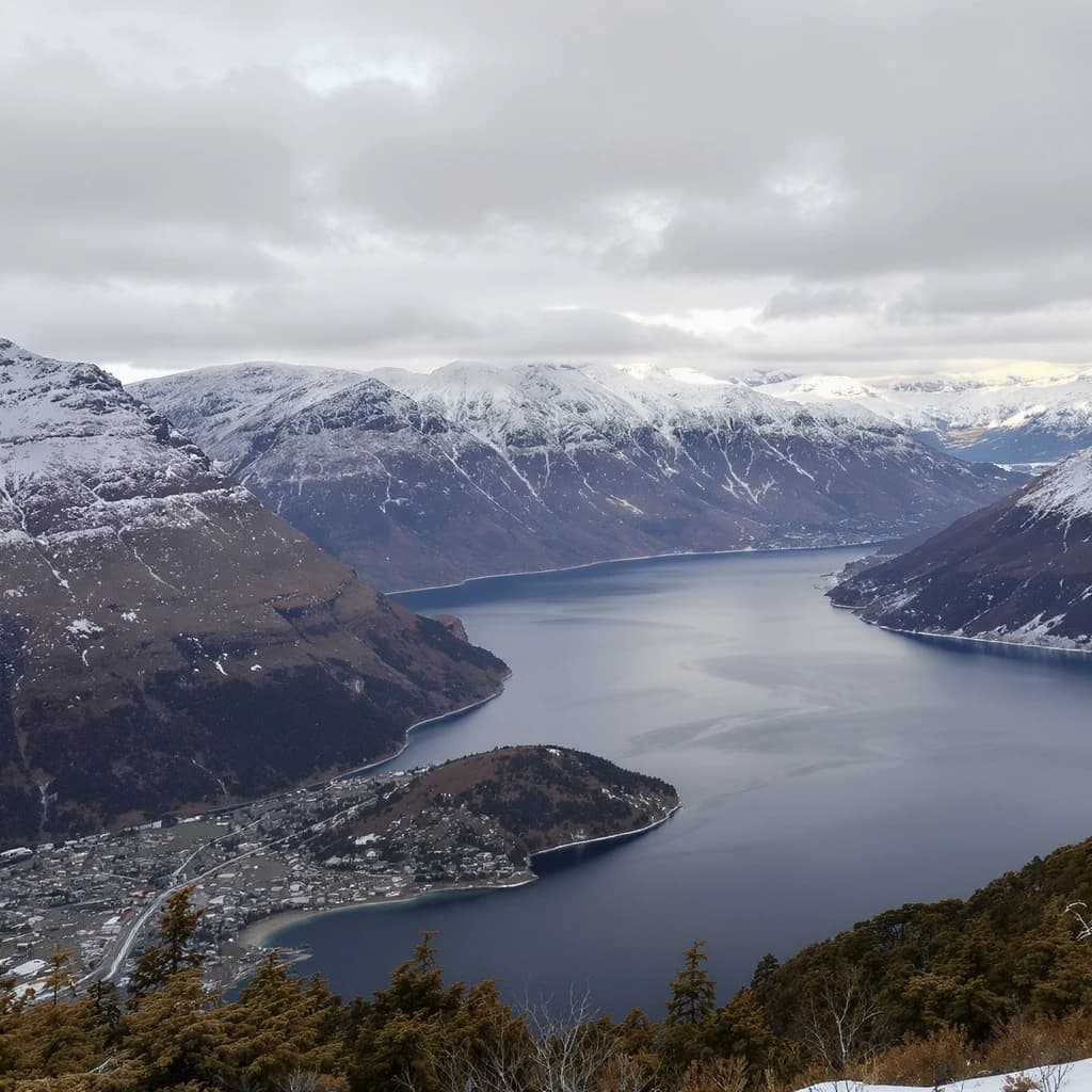 Queenstown's Lake Wakatipu, viewed from the top of Queenstown Hill after a snowstorm just dusted the top of Cecil's Peak