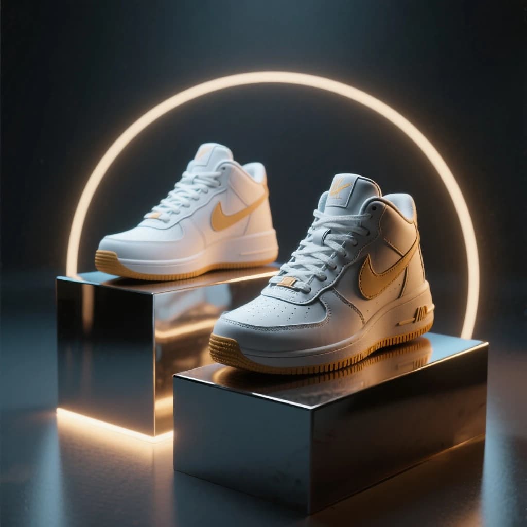 Make a polished 3D ad render: sneakers on glossy plinths, rim lighting.