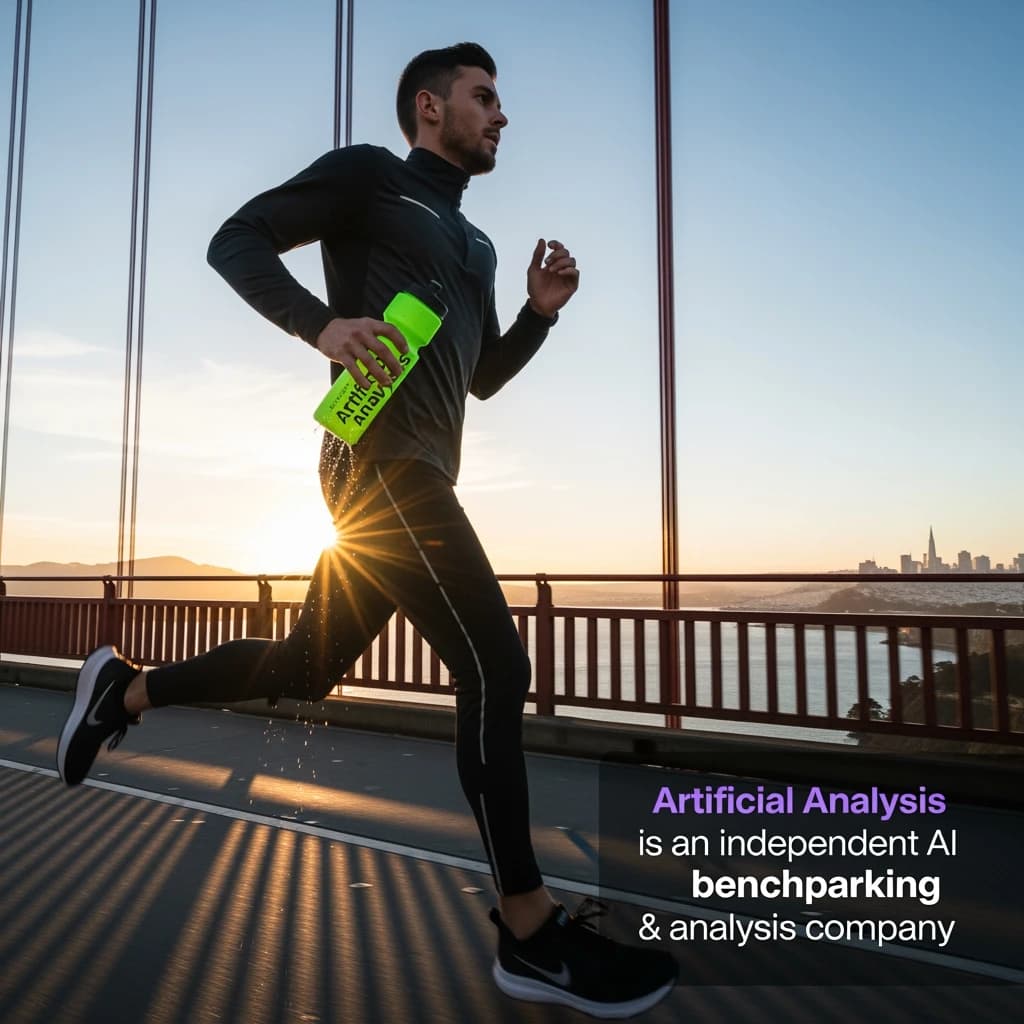 A runner dashes across the Golden Gate Bridge at dawn, sunlight streaming between cables. In their hand, they carry a neon-green sports drink with the brand name Artificial Analysis splashed boldly across the bottle. Motion blur emphasizes speed, while crisp purple sans serif typography overlays the bottom right of the scene with the tagline: Artificial Analysis is an independent AI benchmarking & analysis company