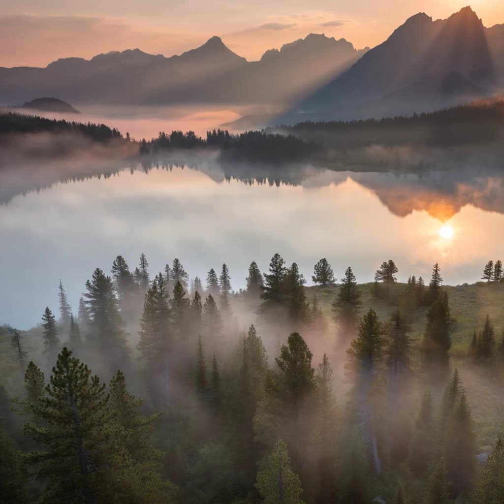 I want a photo of a misty alpine lake at dawn, pines, glassy water, warm light.