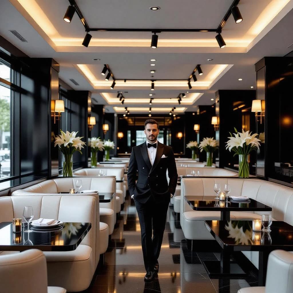 The place is almost empty. The banquettes are covered in white leather, the tables black granite, and the entire room is bathed in halogen track lighting that seems too bright. The maître d’ wears a double-breasted wool crepe jacket. There are lilies on every table.