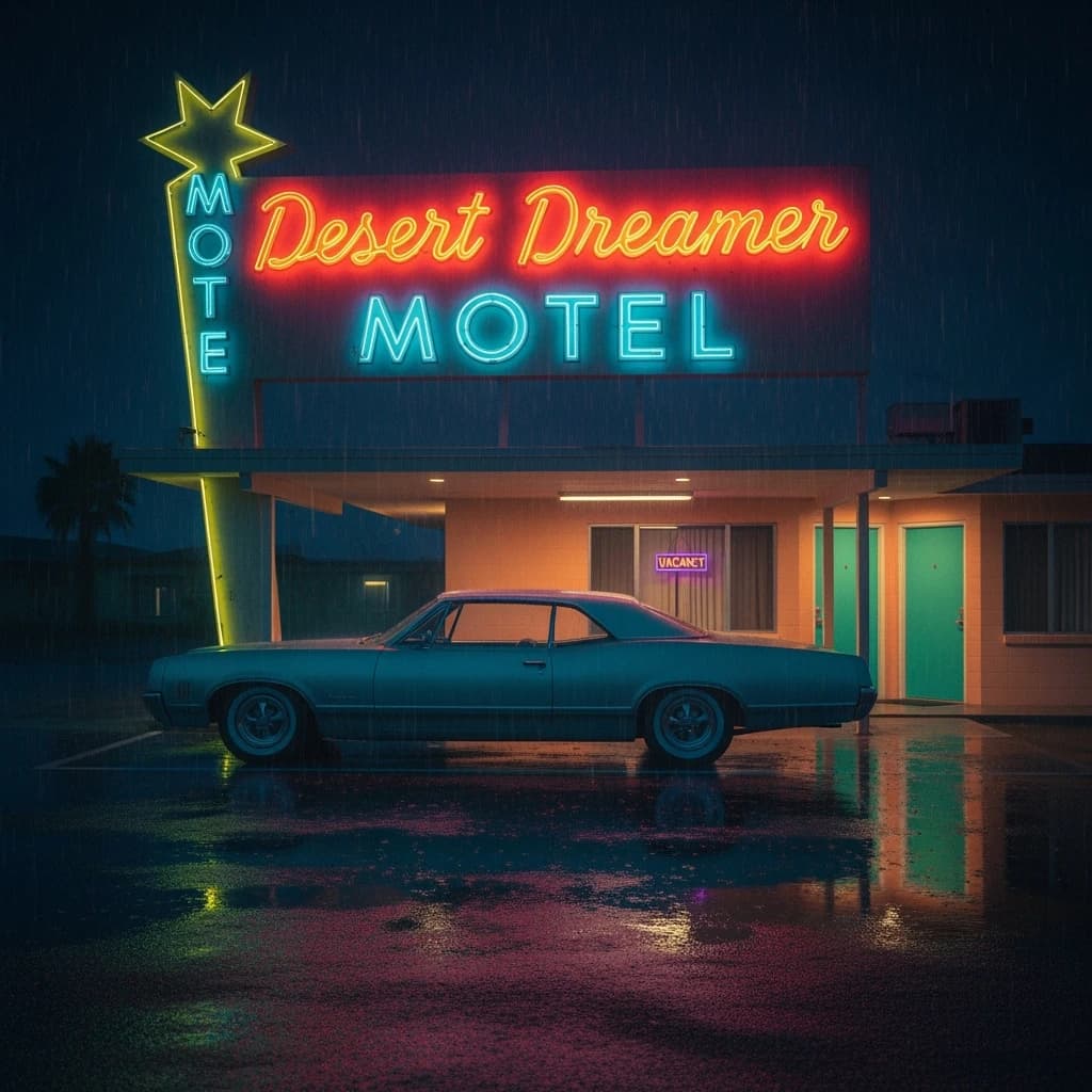 Show an old roadside motel under neon at midnight, rain on asphalt, a teal classic coupe parked; a bit of film grain, slightly faded pastels, halftone print, paper texture.