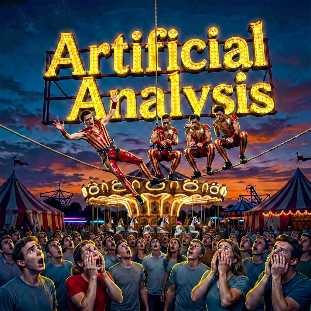 At dusk, high above a carnival crowd, three tightrope walkers balance on a single rope with no aids, one is off balance and grabbing at air. Below, the audience looks upward with baited anticipation. Artificial Analysis is spelled out in the background in carnival lights