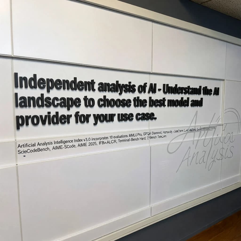 On a white dashboard with thin gray dividers, place a centered header in Helvetica Neue Bold, 20pt: “Independent analysis of AI - Understand the AI landscape to choose the best model and provider for your use case.” Directly beneath, a subheader in smaller Regular weight, 14pt: “Artificial Analysis Intelligence Index v3.0 incorporates 10 evaluations: MMLU-Pro, GPQA Diamond, Humanity's Last Exam, LiveCodeBench, SciCode, AIME 2025, IFBench, AA-LCR, Terminal-Bench Hard, 𝜏²-Bench Telecom.” The header is fully justified but the subheader is left-aligned. In the upper right corner, the Artificial Analysis logo appears watermarked, diagonal, faint gray, partially overlapping the scrollbar.
