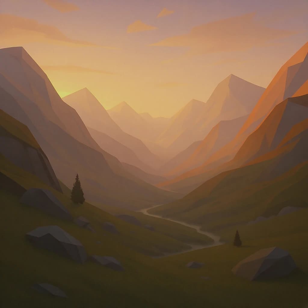 Render a low-poly alpine valley at sunset, clean gradients, long shadows.