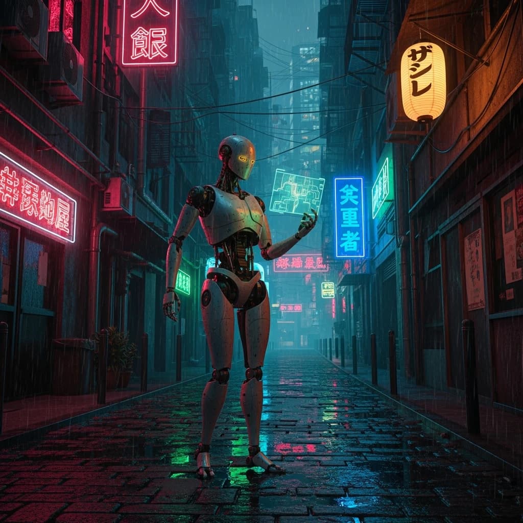 Neon-lit Tokyo alley, rain-slick cobblestones, a chrome android checks a map.