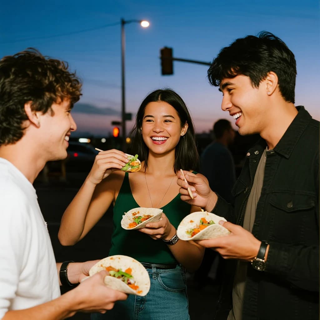Friends laugh over street tacos at dusk, candid, shallow depth.