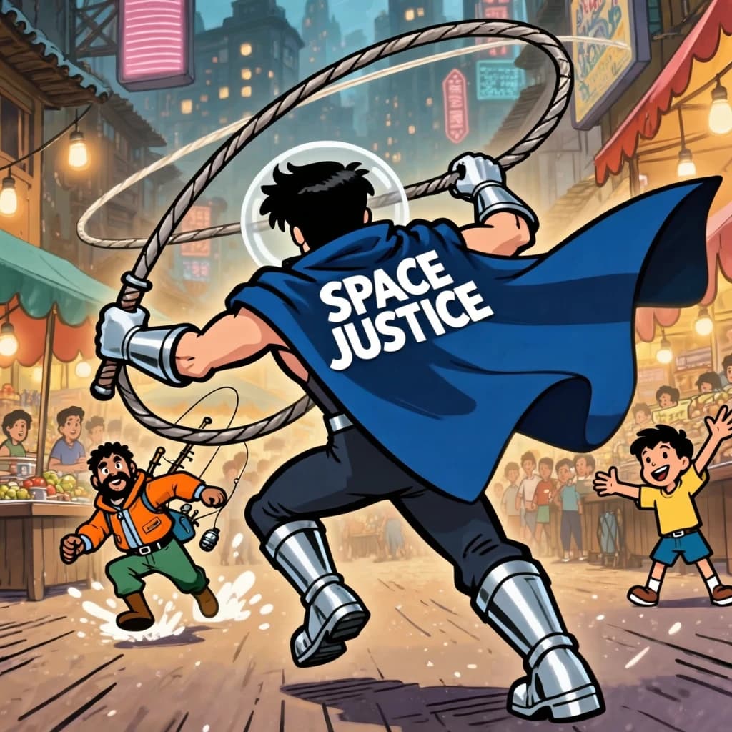The space cowboy chases the deranged fisherman underneath the causeway, eager to collect on his bounty. Fishing rods and lines hang off the back off the fishermen as he darts between the bustling market crowd. We see the back of the space cowboy in his space poncho emblazoned with the words SPACE JUSTICE, spinning his lasso over his head. A child on the sidelines excitedly cheers the cowboy. 1990s hand drawn anime style with strong fluidity