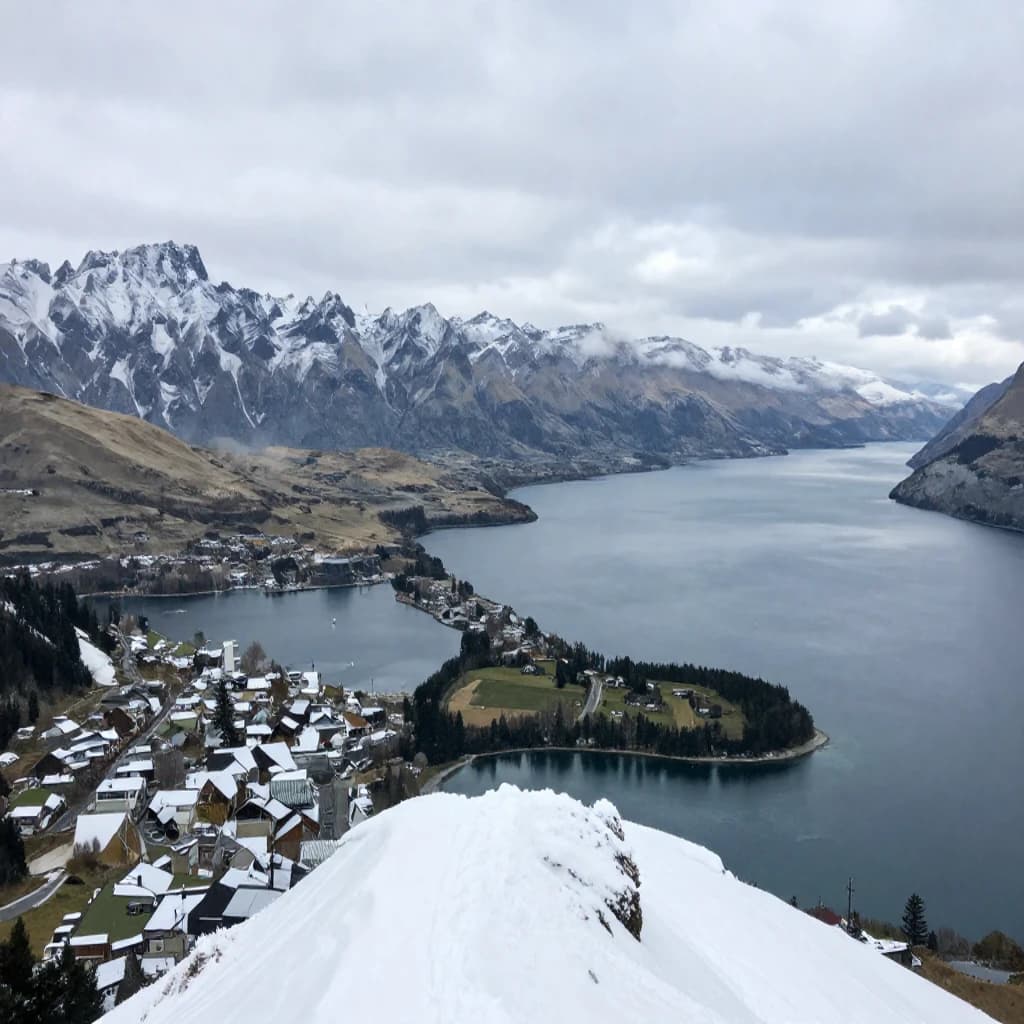 Queenstown's Lake Wakatipu, viewed from the top of Queenstown Hill after a snowstorm just dusted the top of Cecil's Peak