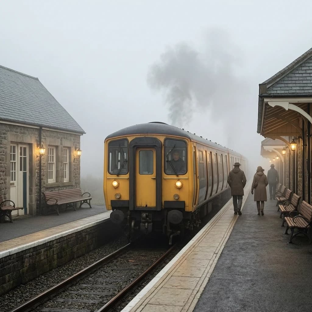 A commuter train enters a foggy little station.