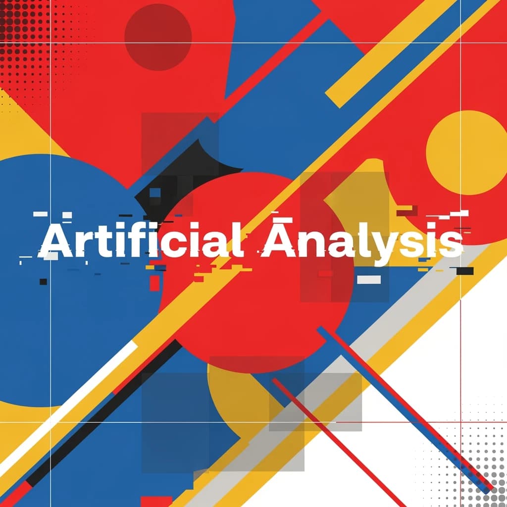 A bold poster composition dominated by flat geometric shapes in crimson, cobalt, and ochre. Overlapping circles and sharp diagonal lines create dynamic tension across the frame. A single sans-serif word — Artificial Analysis — stretches across the center in stark white, distorted slightly as though caught mid-glitch. The background is textured with halftone dots and faint grid lines, while subtle overlays of translucent rectangles suggest depth. Designed in the spirit of modernist Swiss typography fused with digital glitch aesthetics.