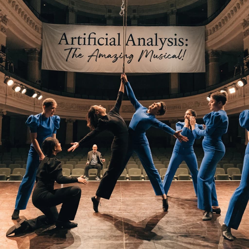 The musical troupe do a rehearsal in a large, empty theatre. 9 people are on the stage, half wear black and the others wear blue. The skinny bald director, seated in the second row, is practically leaping out of their seat with excitement as the leads nail their aerial. A giant banner reading "Artificial Analysis: The Amazing Musical!" is behind the actors.