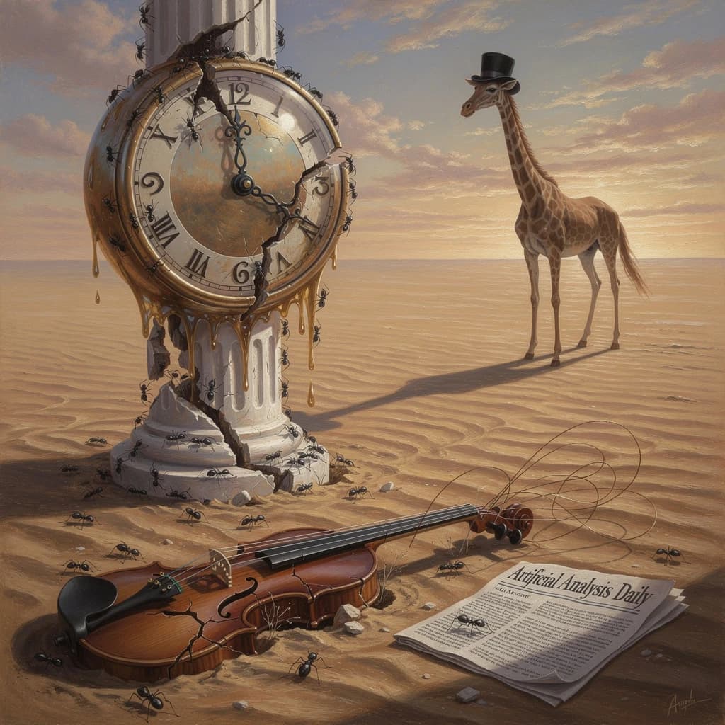 A vast desert plain stretches endlessly under a sky streaked with pale pink and ochre clouds. In the center stands a colossal clock, its face drooping and melting over the edge of a broken marble column. Ants swarm across its warped surface, glinting in the harsh sunlight. To the right, a horse with a giraffe like neck wearing a top hat strides toward the horizon, its shadow stretching miles across the sand. A cracked violin lies half-buried in the foreground, strings snapping outward like veins. Painted in the dreamlike surrealist style. A newspaper named the "Artificial Analysis Daily" lies on the Floor.
