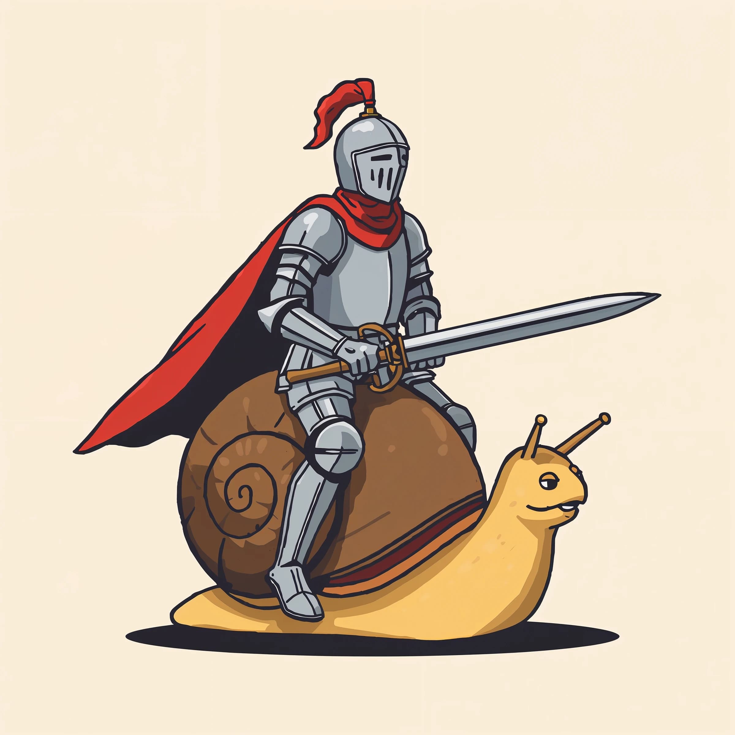 A knight rides a snail, bold lines, flat color.