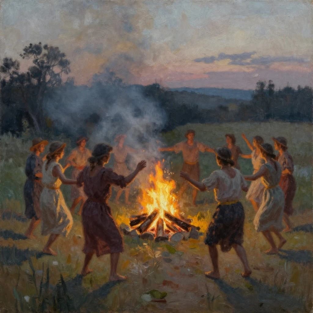 Make an oil painting of villagers dancing by a bonfire at dusk, a bit smoky.