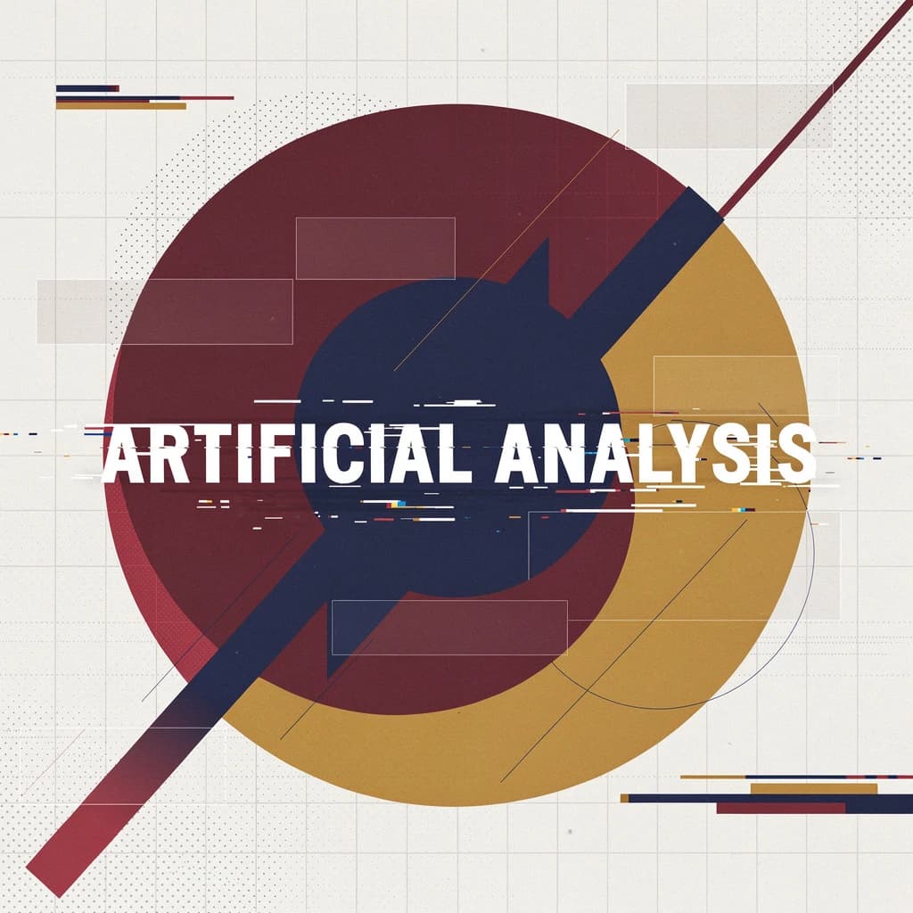 A bold poster composition dominated by flat geometric shapes in crimson, cobalt, and ochre. Overlapping circles and sharp diagonal lines create dynamic tension across the frame. A single sans-serif word — Artificial Analysis — stretches across the center in stark white, distorted slightly as though caught mid-glitch. The background is textured with halftone dots and faint grid lines, while subtle overlays of translucent rectangles suggest depth. Designed in the spirit of modernist Swiss typography fused with digital glitch aesthetics.