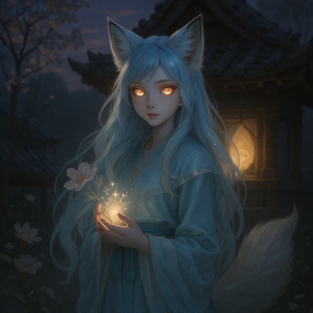 Cel-shaded fox spirit girl, glowing shrine at dusk, soft bloom, sparkly eyes.