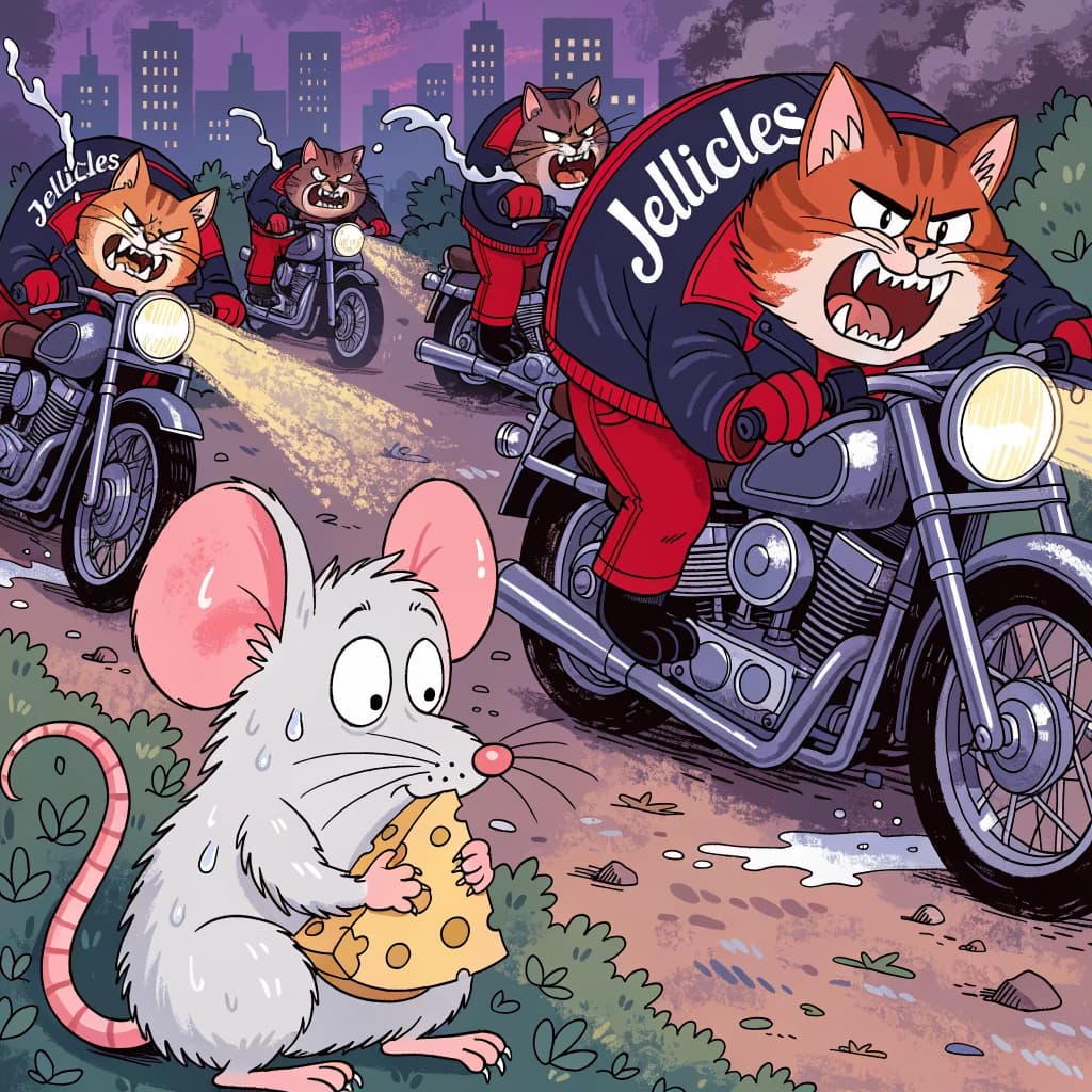 The cartoon rat clenches his thin wedge of cheese and trembles in fear as he hides from the menacing Jellicles, the roaming cat motorcycle gang, all wearing their colors with the name on the back. The cats have all drunk far too much milk and are causing a big ruckus! One cat is close to finding the rat