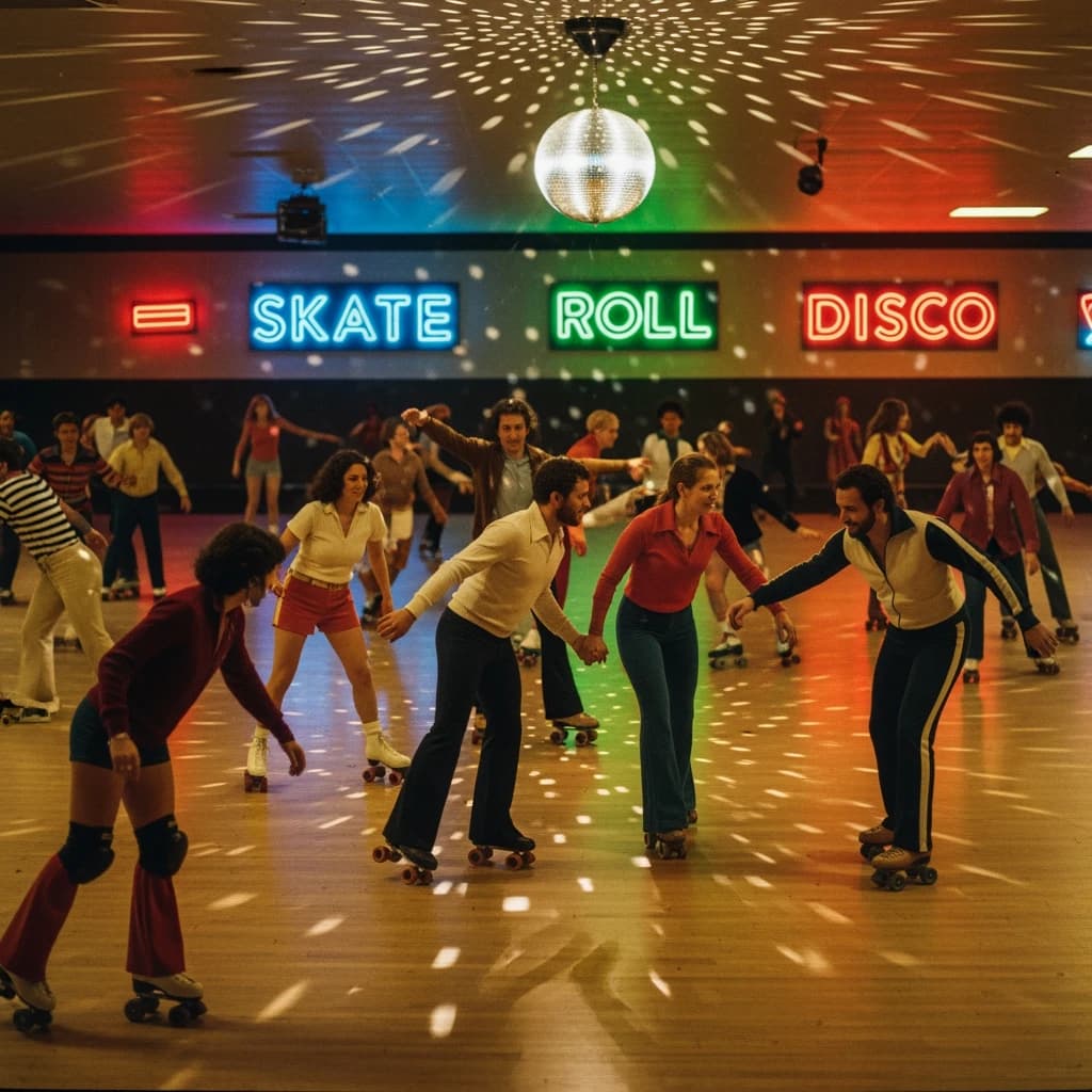 A 1970s roller rink crowd skates under neon, with a bit of fade and film grain.