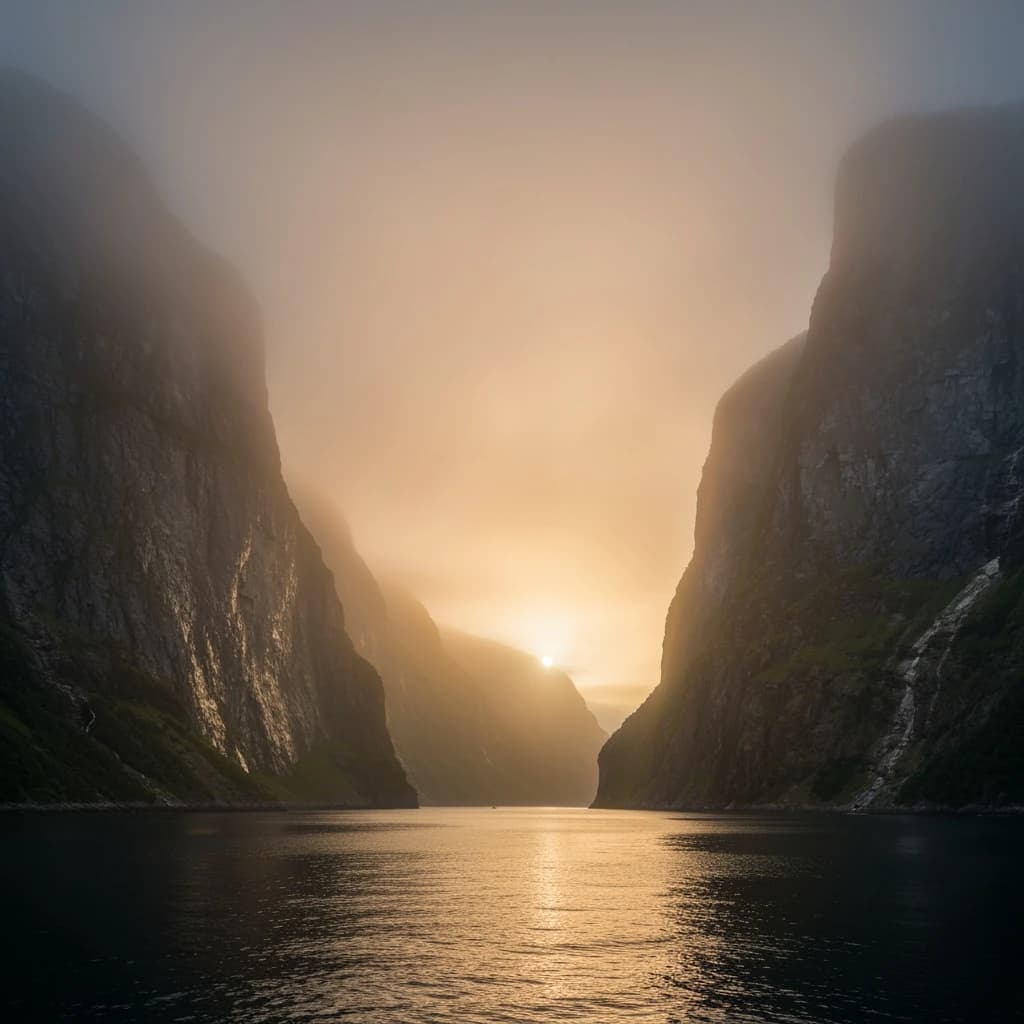 Frame a foggy fjord at sunrise, cliffs looming.