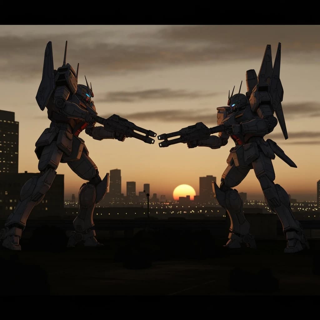 Make a cel-shaded mecha duel at dusk downtown.