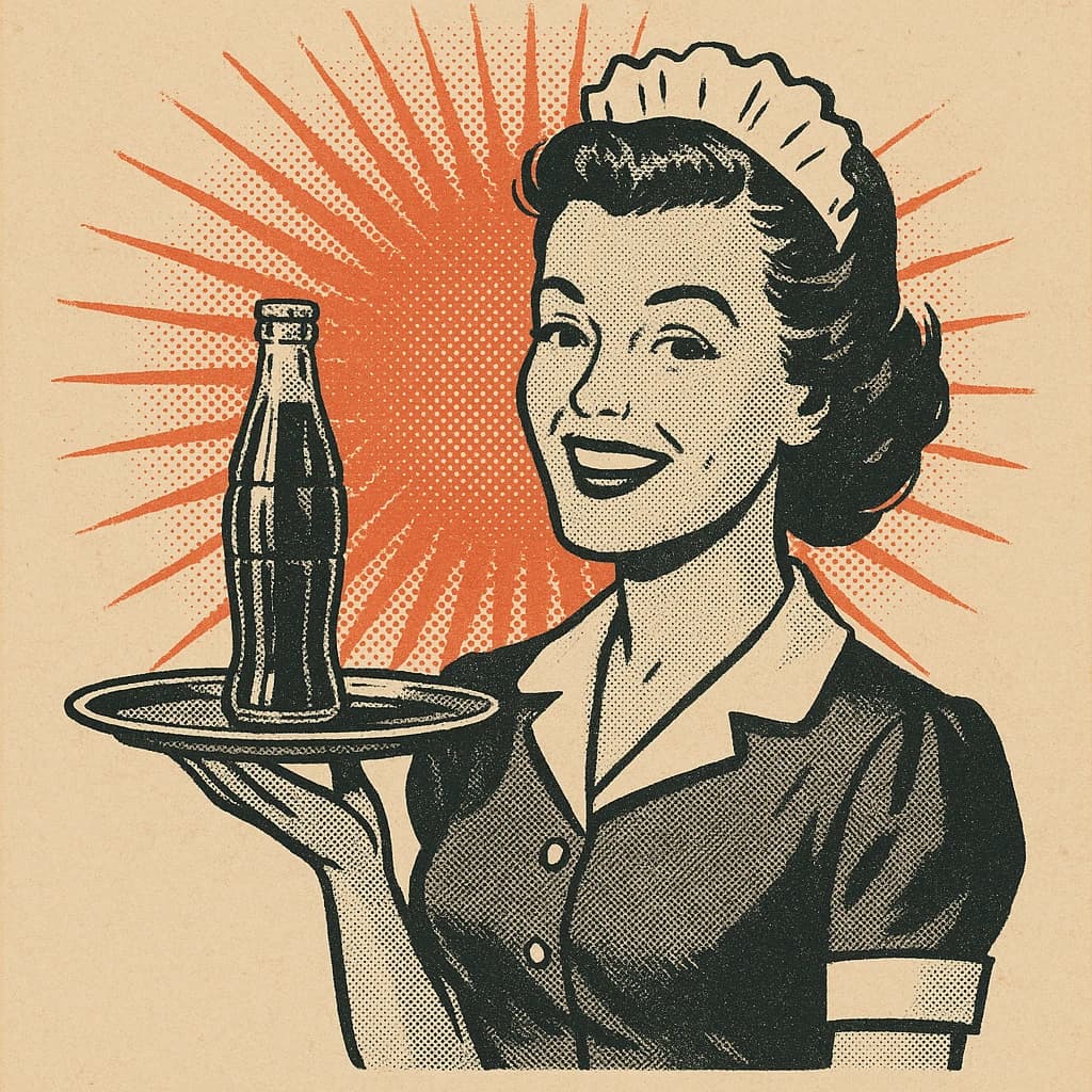 Mid-century soda ad, smiling waitress, halftone sunburst, a bit of faded paper.