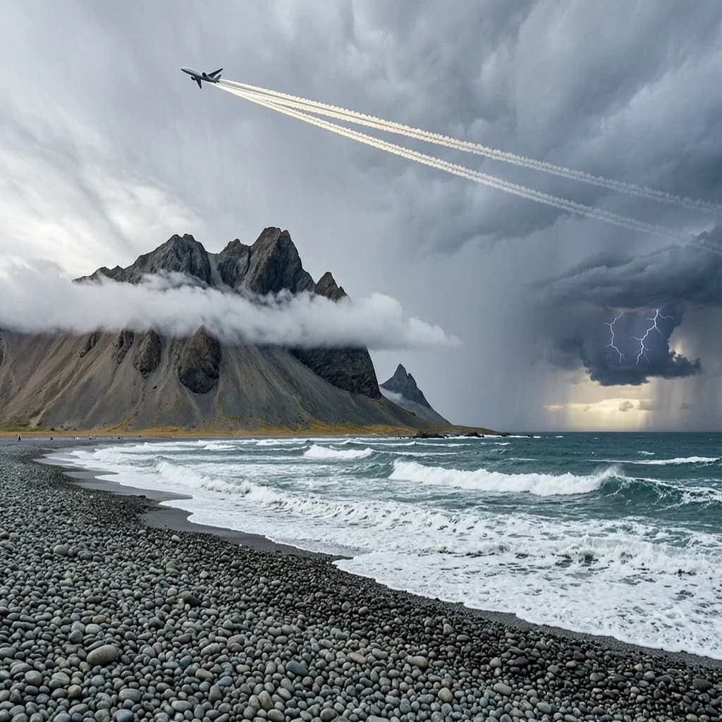 A stunning mountain vista pokes through the cloud top. Contrails from a distant airplane linger in the air. In the foreground there is a stony beach with foamy seas. A thunder storm is visibile in the distant right.