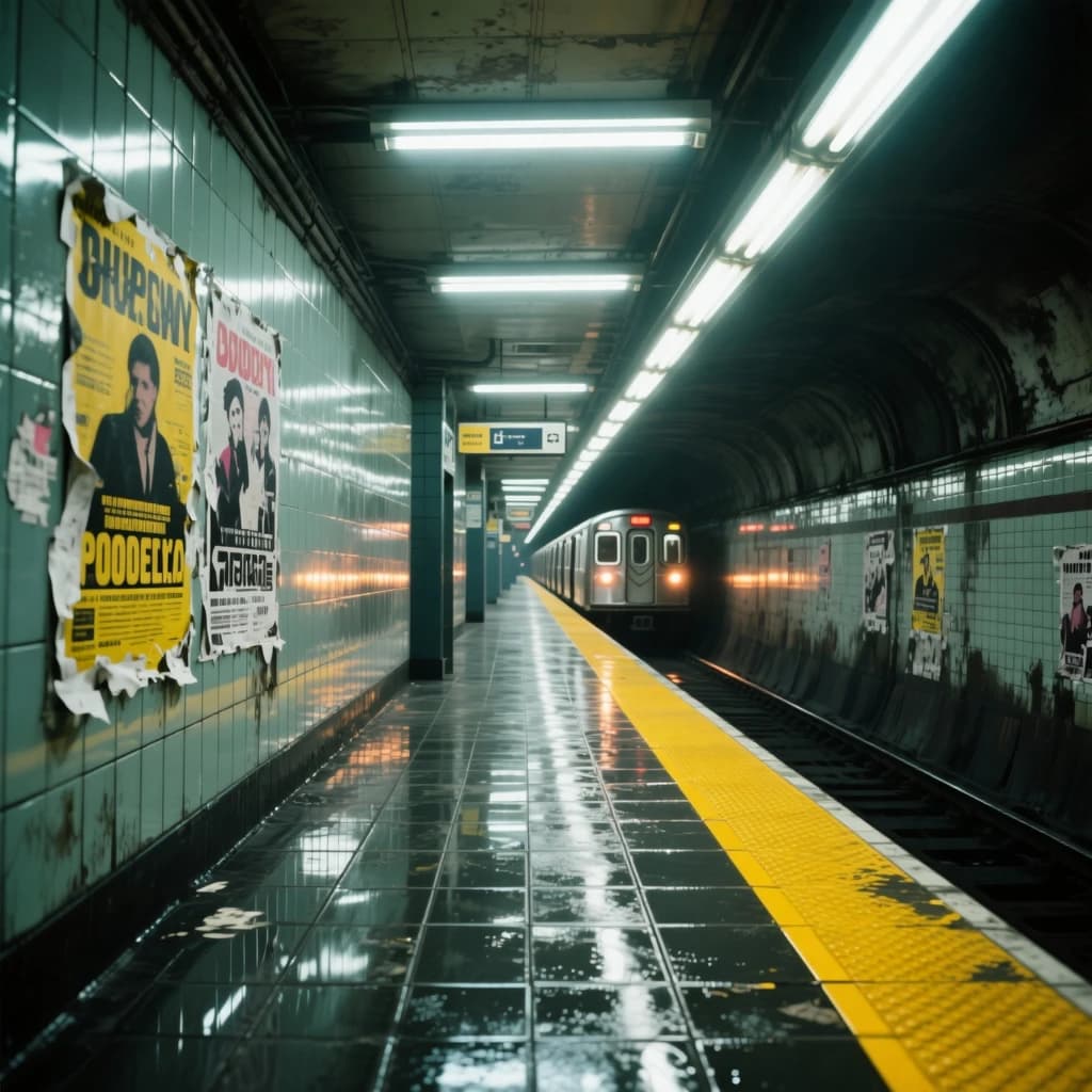 A subterranean subway platform with glossy tiles, peeling posters, flickering fluorescent lights, yellow safety line, and a distant train coming; slightly damp, echoes carry.