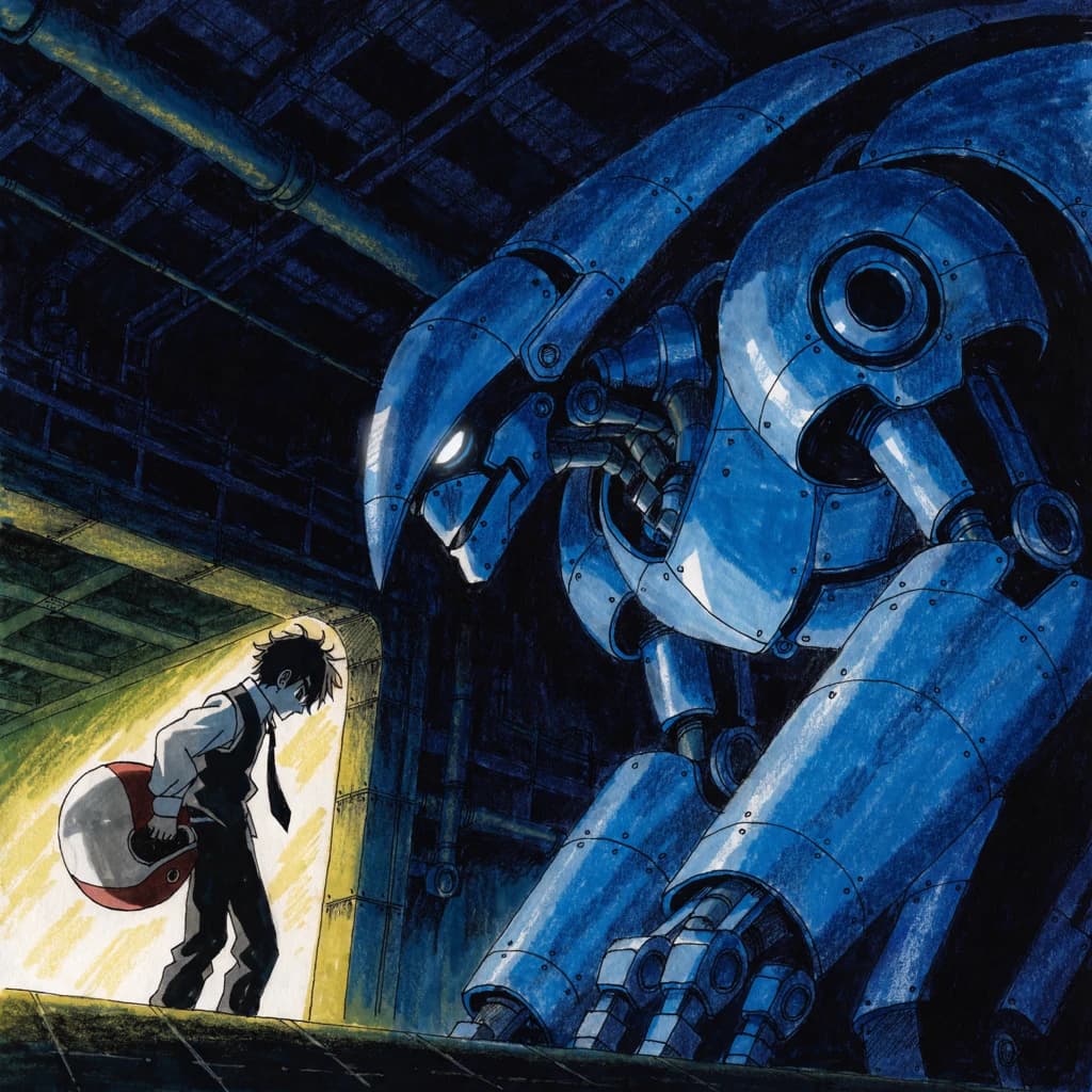 A teenage pilot grips his helmet under one arm, standing at the edge of a glowing hangar bay. Before him looms a sleek, steel-blue mech, its eyes lit with a cold electric glare. His school uniform is rumpled, a sharp contrast to the machine’s flawless plating. The vast scale engulfs him in shadow, emphasizing both awe and dread. Hand-drawn anime style.