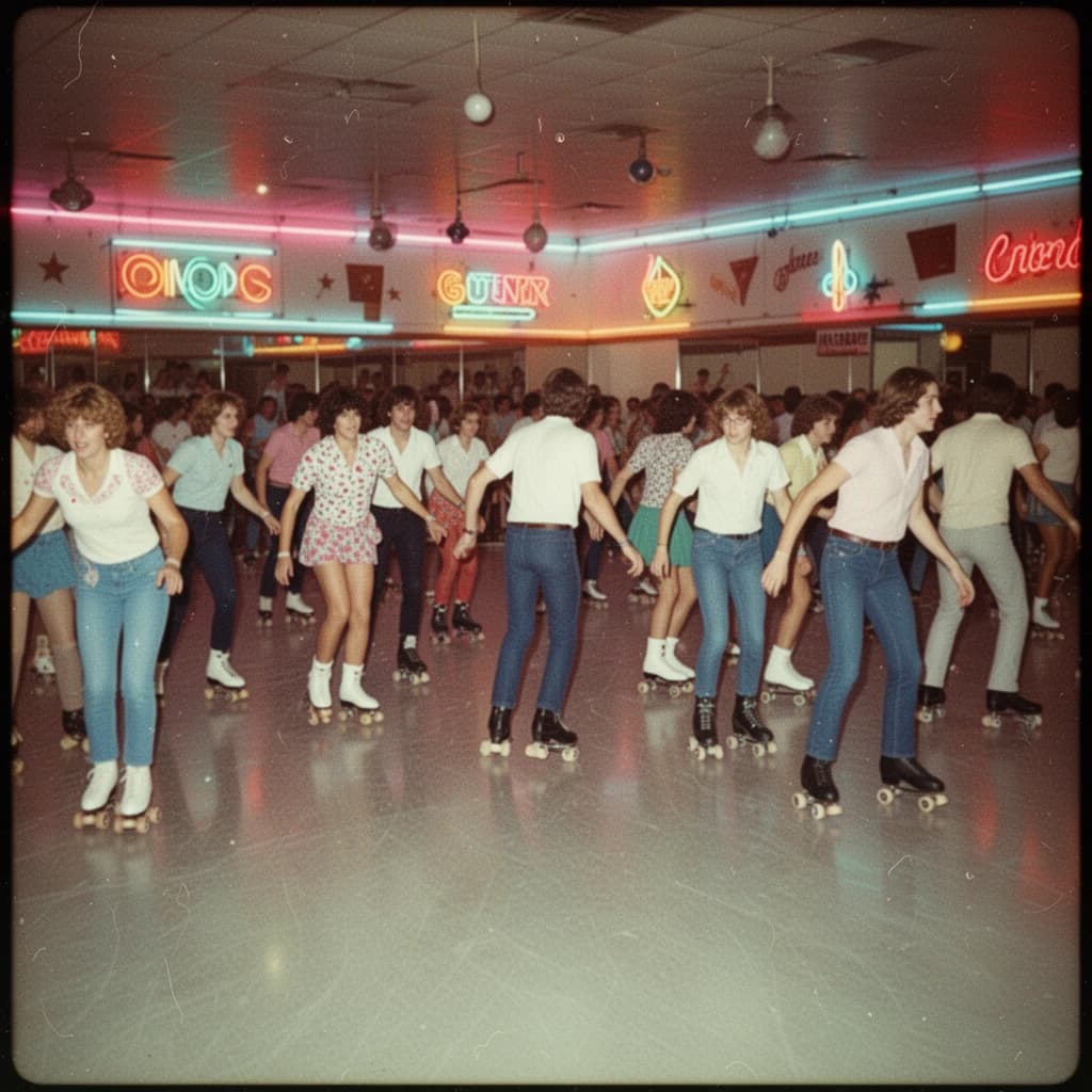 A 1970s roller rink crowd skates under neon, with a bit of fade and film grain.