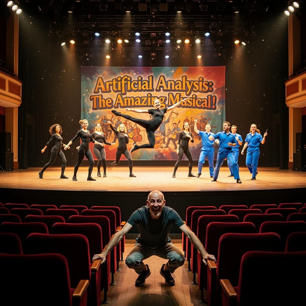The musical troupe do a rehearsal in a large, empty theatre. 9 people are on the stage, half wear black and the others wear blue. The skinny bald director, seated in the second row, is practically leaping out of their seat with excitement as the leads nail their aerial. A giant banner reading "Artificial Analysis: The Amazing Musical!" is behind the actors.