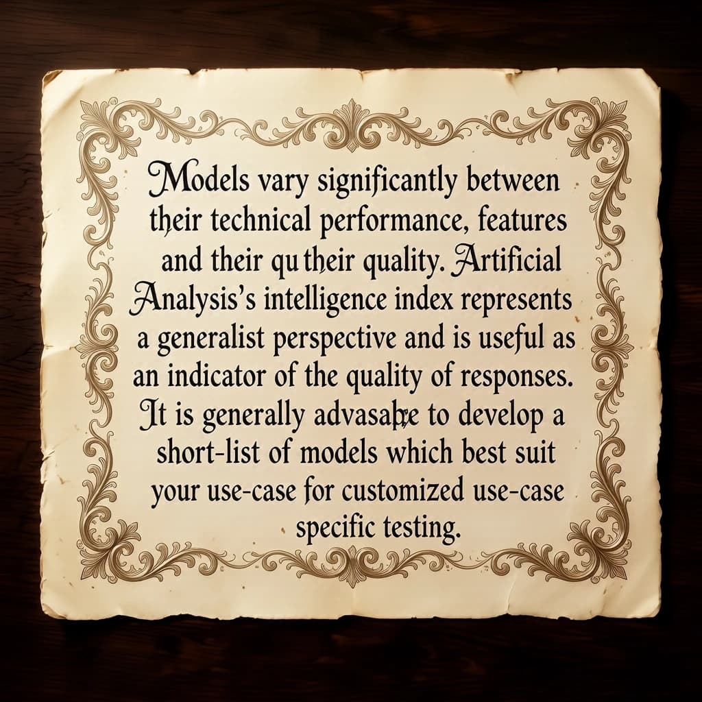 On a flat layout, write in an ornate baroque style "Models vary significantly between their technical performance, features and their quality. Artificial Analysis's intelligence index represents a generalist perspective and is useful as an indicator of the quality of responses. It is generally advisable to develop a short-list of models which best suit your use-case for customized use-case specific testing. "