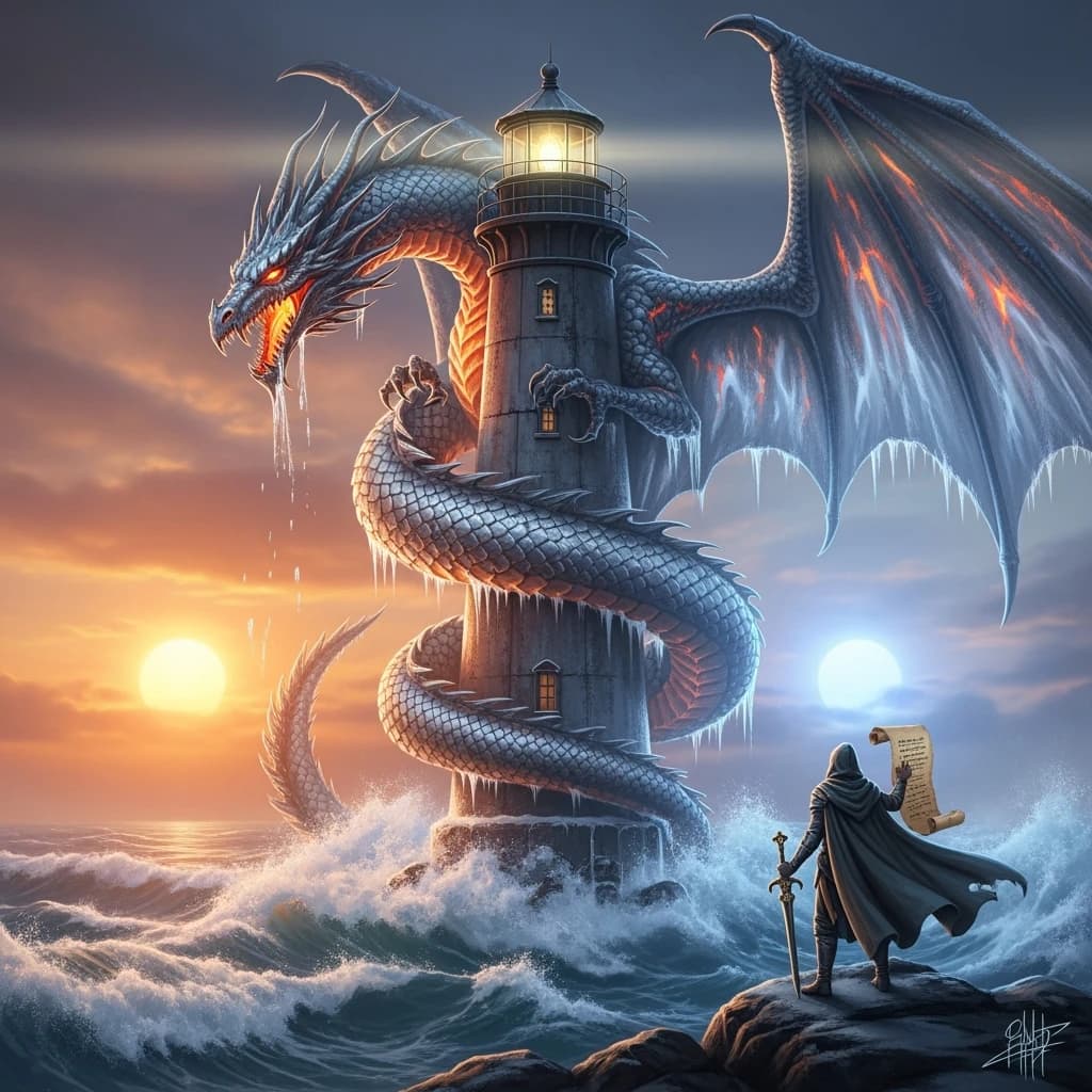 A dragon of molten silver coils around a lighthouse. The storming sea below crashes upward in frozen stillness, as though caught mid-motion. The dragon’s molten eyes drip tears of ice. On the horizon, two suns set next to each other, casting orange light on one side of the tower and blue on the other. A cloaked traveler carries an ancient weapon in his left hand and a scroll in his right.