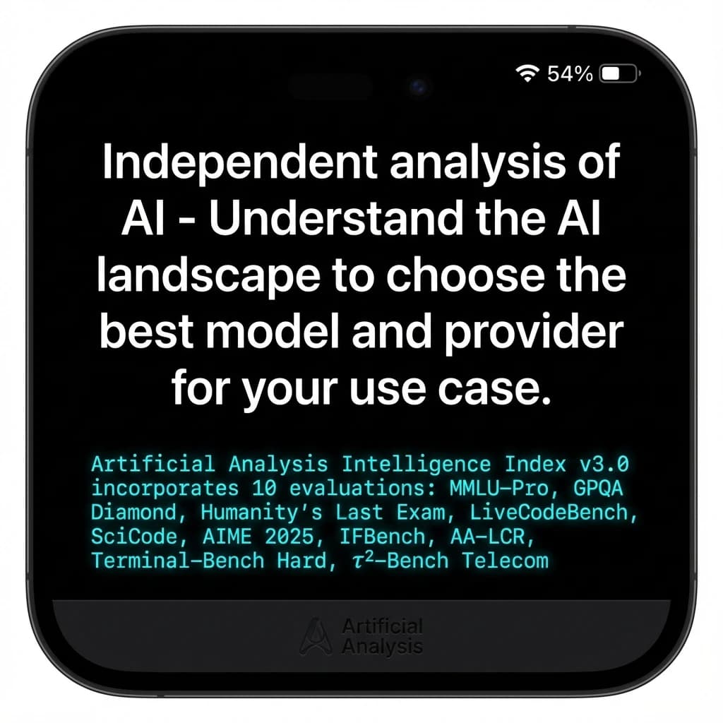 On a black smartphone UI with rounded corners, display a centered text block in white San Francisco font, 16pt: “Independent analysis of AI - Understand the AI landscape to choose the best model and provider for your use case.” Below, in neon cyan, monospace font, smaller size: “Artificial Analysis Intelligence Index v3.0 incorporates 10 evaluations: MMLU-Pro, GPQA Diamond, Humanity's Last Exam, LiveCodeBench, SciCode, AIME 2025, IFBench, AA-LCR, Terminal-Bench Hard, 𝜏²-Bench Telecom.” The second block scrolls horizontally as a ticker. The battery icon in the status bar shows 54%. The Artificial Analysis logo appears faintly, embossed into the bottom navigation bar.
