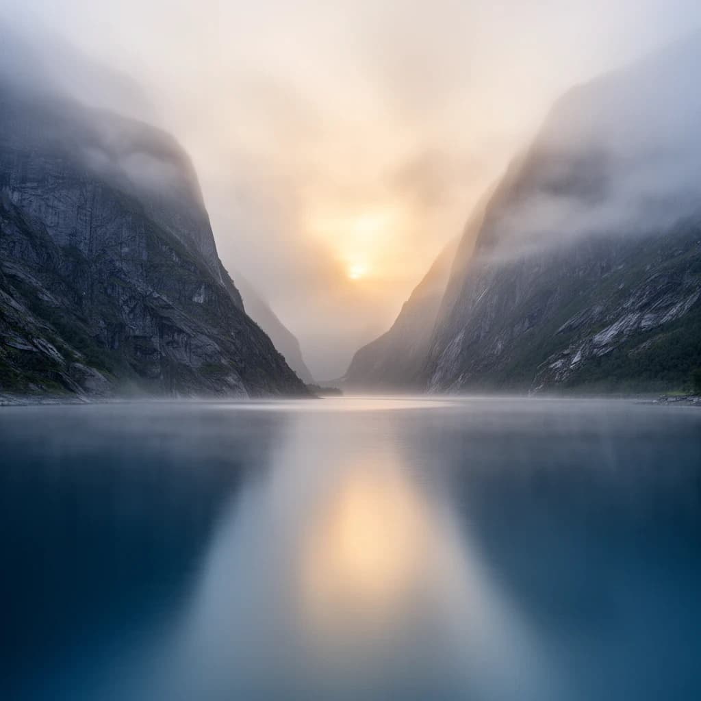 Frame a foggy fjord at sunrise, cliffs looming.